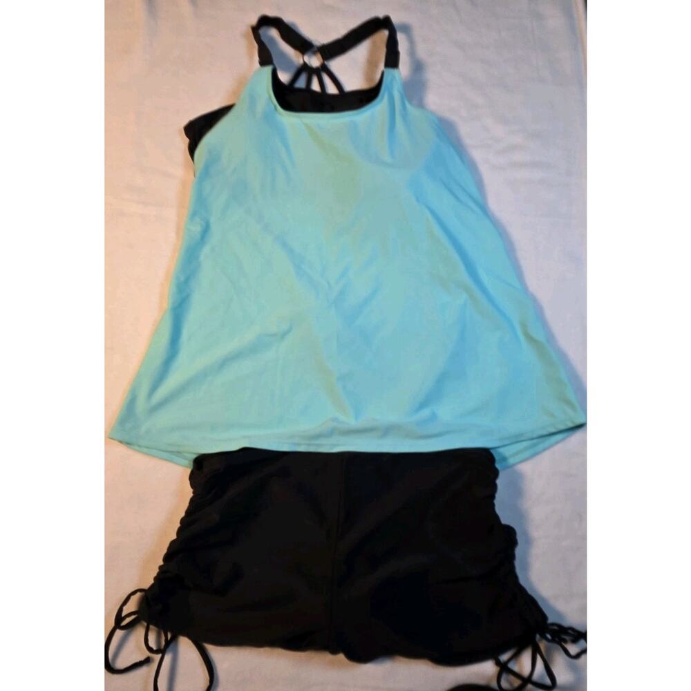 Women’s XL Tankini Swimsuit Set Aqua Blue Black 2 Piece Swim Top Ruched Shorts